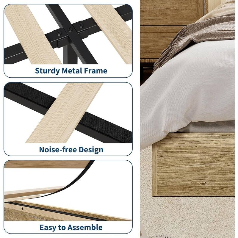 Space-Saving Sturdy Floor-Standing Platform Bed Frame, No Box Spring Needed, Natrual Wood