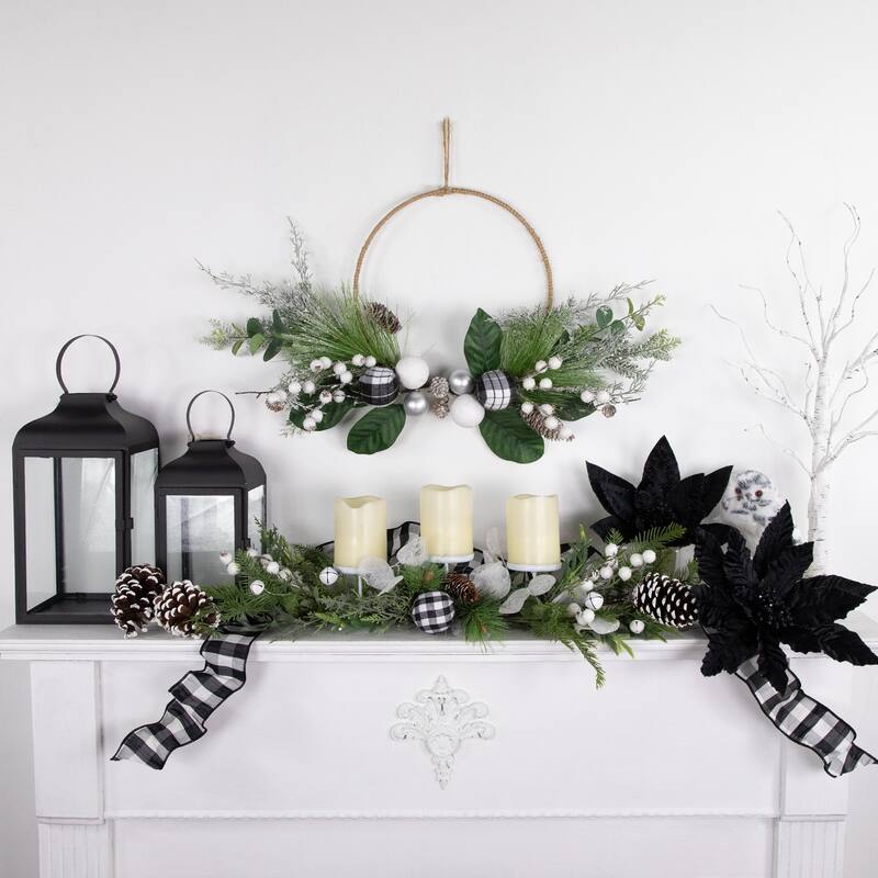 Black & White Plaid Winter Greenery Artificial Christmas Wreath, 18-"