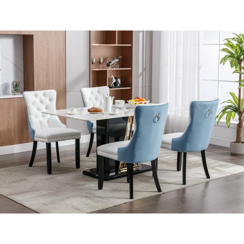 High-end Tufted Solid Wood Contemporary PU and Velvet Upholstered Dining Chair - Set of 2 - White