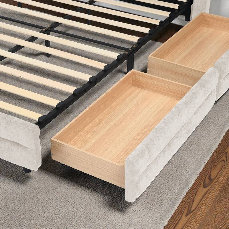 King Upholstered Bed Frame with Chenille Fabric, Soft Headboard and Underbed Storage Drawer, Modern Platform Design