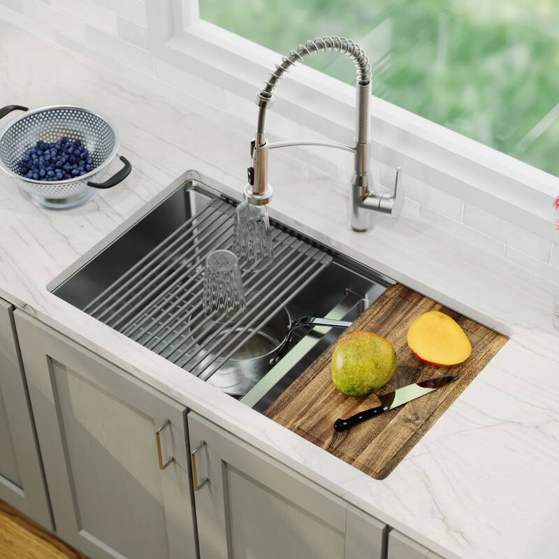 Elite 32" Undermount Workstation 16 Gauge Double Bowl Stainless Steel Kitchen Sink with Scottsdale Pull-Down Faucet