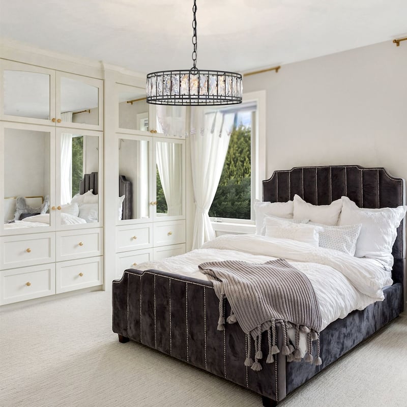Aulia Mid-Century Modern 3-Light Black Drum Crystal Chandelier for Dining Room - D16"x H 6"
