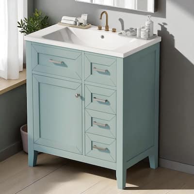 30" Freestanding Bathroom Vanity with Ceramic Sink, Green Cabinet, Drawers & Solid Wood Frame