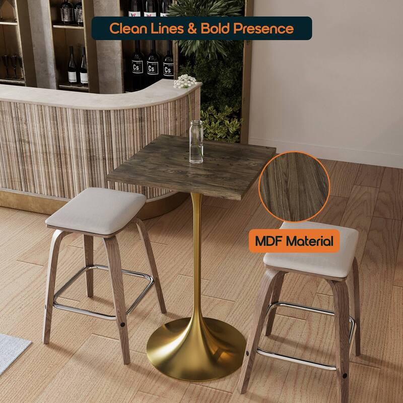Verve 43 in. Tall Bar Height Dining Table Square MDF Wood Tabletop in Gold Stainless Steel Pedestal Base Accent Bar Table