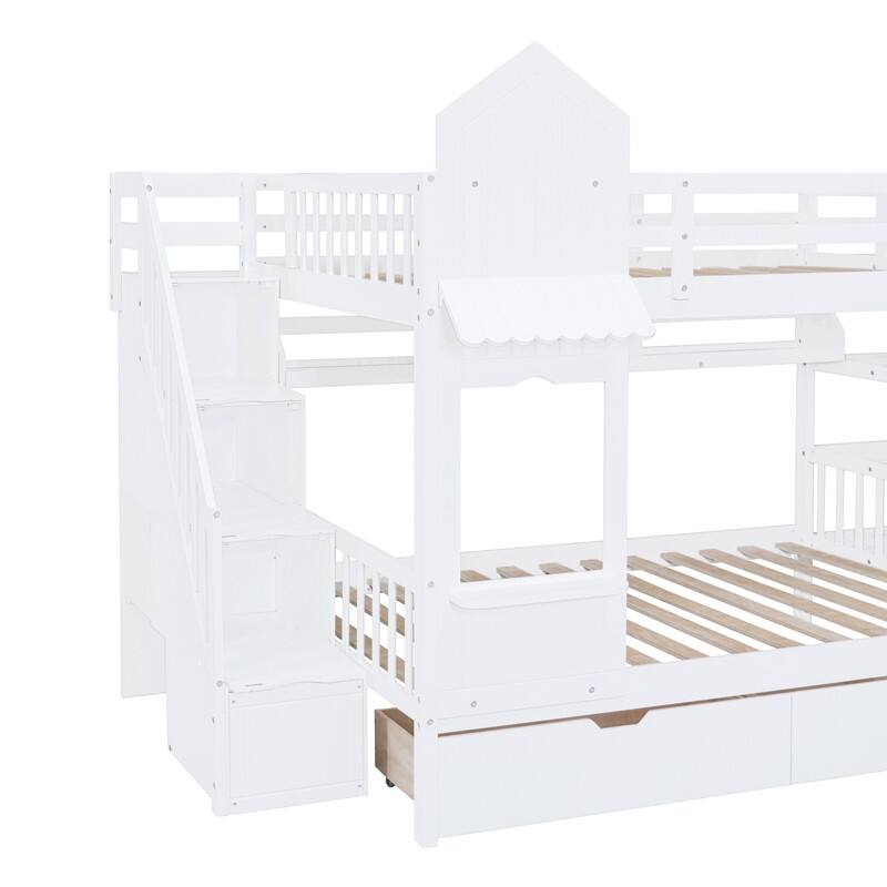 Full-Over-Full Castle Style Bunk Bed with 2 Drawers 3 Shelves and Slide