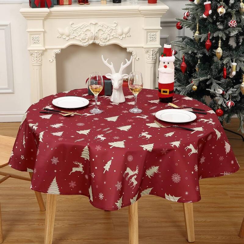 Christmas Round Tablecloth Waterproof Holiday Xmas Decor, Red