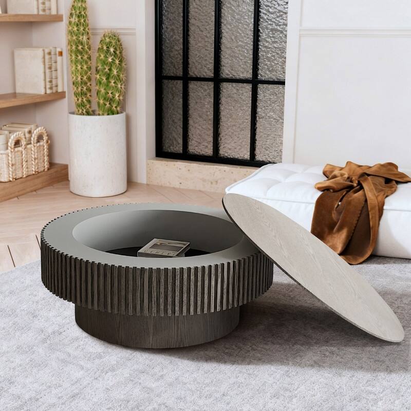 39.37" Round Coffee Table with Storage Solid Wood Veneered Modern Accent Table for Living Room or Bedroom - Grey