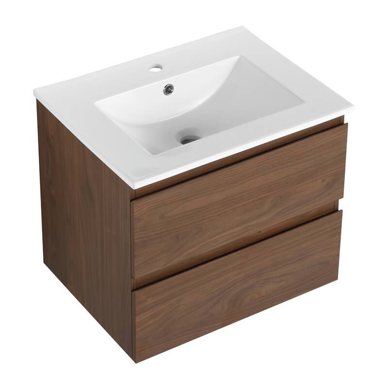 24" Floating Bathroom Vanity with Ceramic Basin, 2 Soft-Close Drawers, Eco-Friendly Plywood Construction