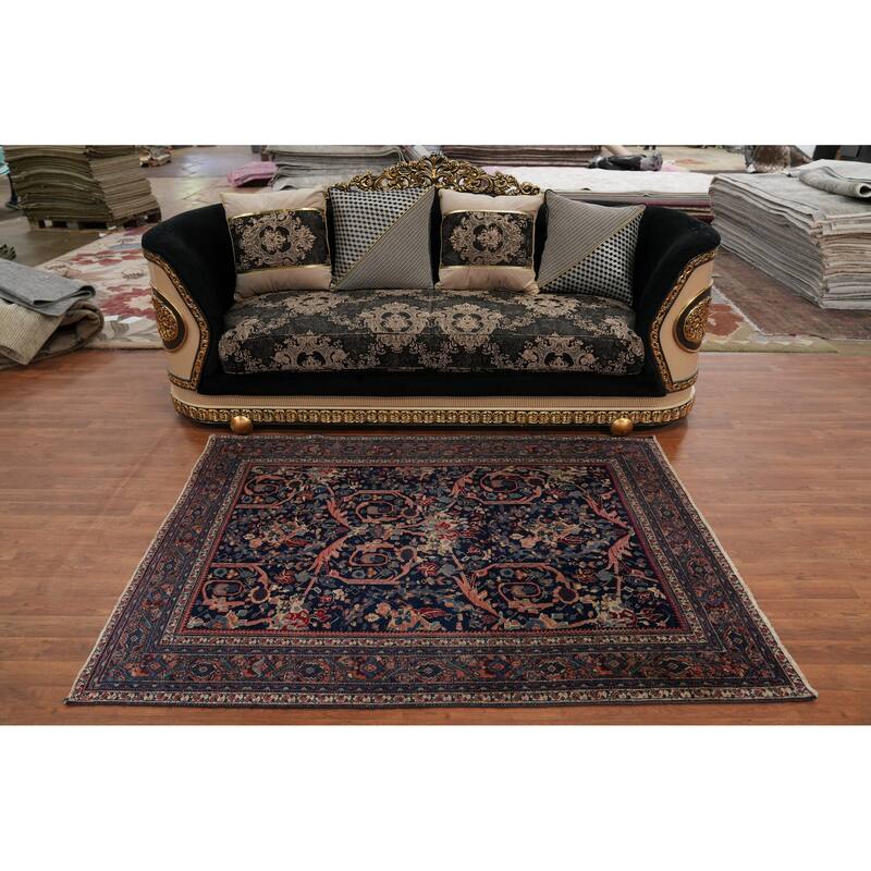 Hand Knotted Oriental 100% Wool Carpet Traditional Floral Navy Blue & Blues Sarouk Area Rug - 6' 5'' X 4' 7''