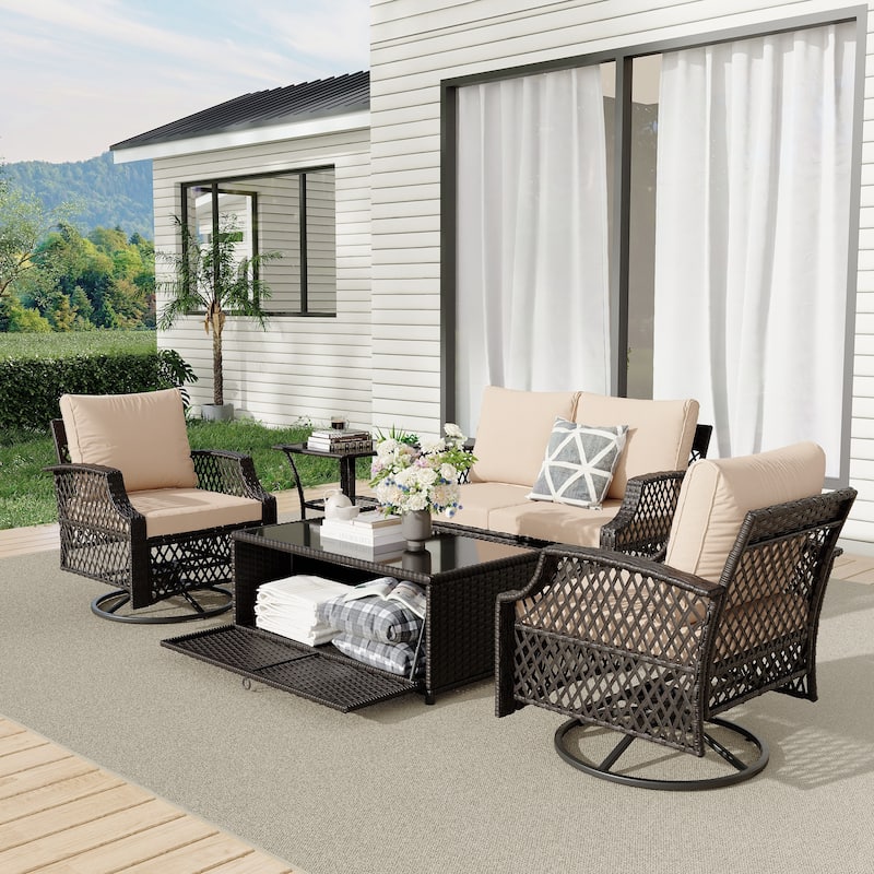 Outdoor Wicker Patio Set w Swivel Chairs & Sofa, Ottomans and Tables, Modular 3/5/6/7-Piece, All-Weather Conversation Set.