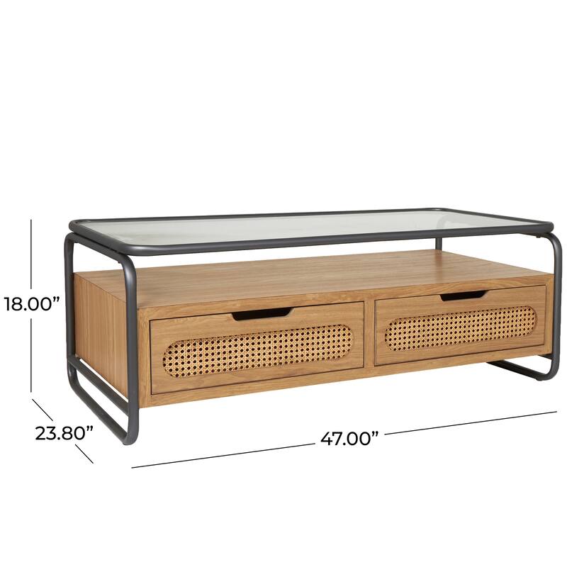 Brown Wooden Living Room Coffee Table with Cane Front Drawers and Gray Metal Frame