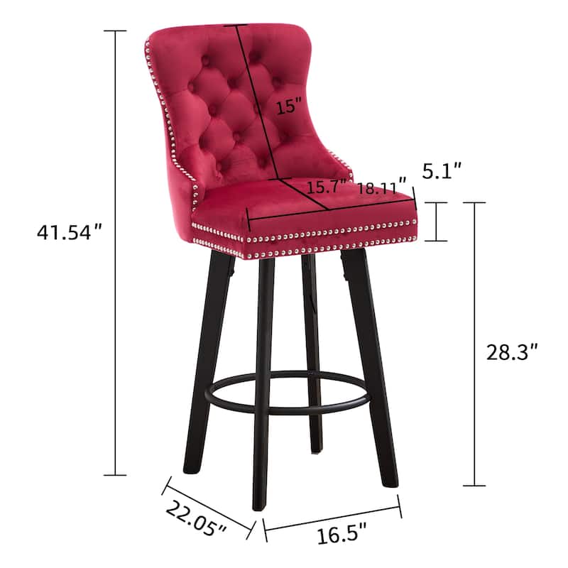 Velvet Swivel Bar Stools Set of 2, Button Tufted Bar Stools with Rivet Trim, Kitchen Stools with Metal Pull Ring & Footrest