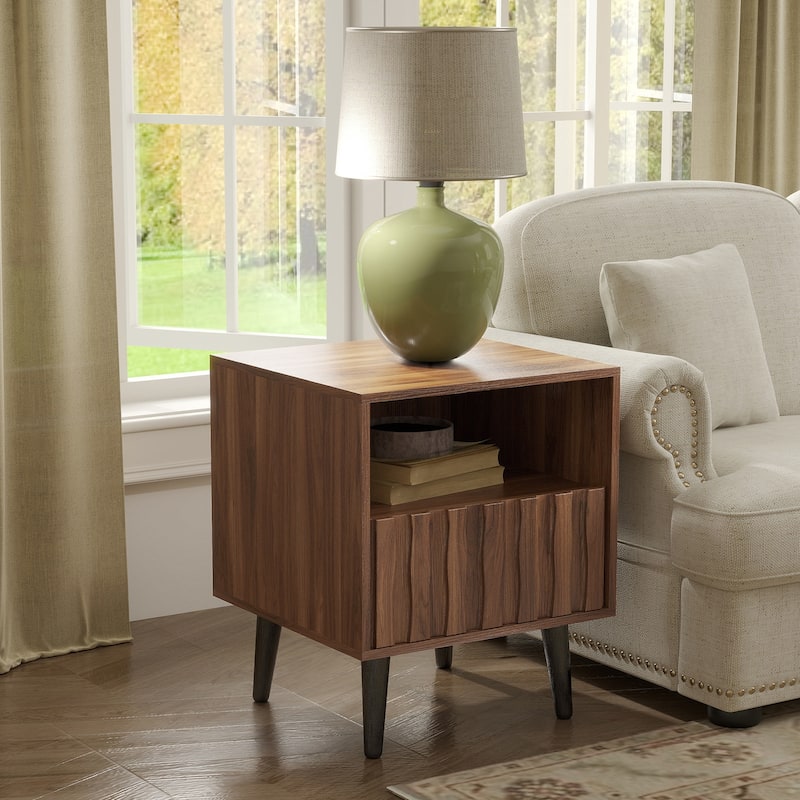 Mid-Century Modern Nightstand, Fluted End Table Drawer & Open Storage