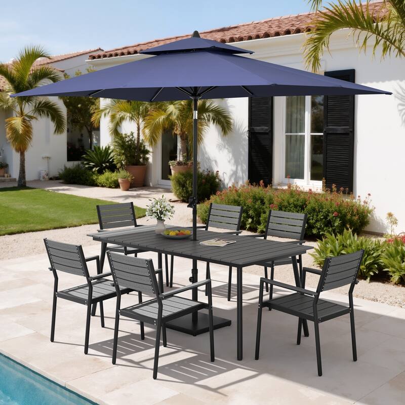 9PC Outdoor Patio Dining Set Wood-Like Aluminum Umbrella Hole Table with Stackable Armchairs,Double Top Market Umbrella and Base - GreyTable&GreyChairs&NavyBlueUmbrella