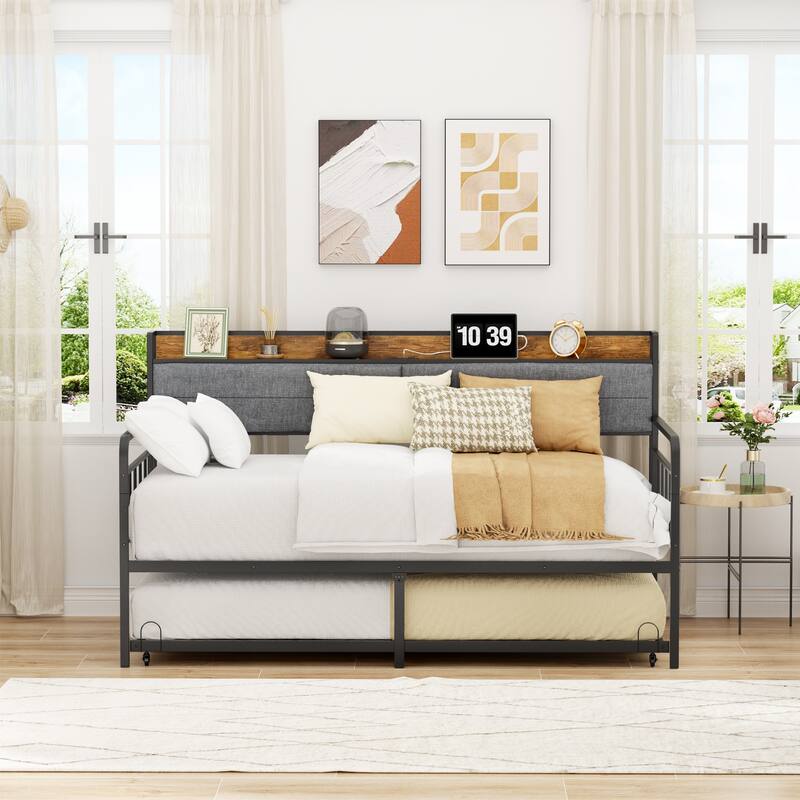 Twin Size Daybed with Trundle, Upholstered Storage Headboard, Charging Station, Black