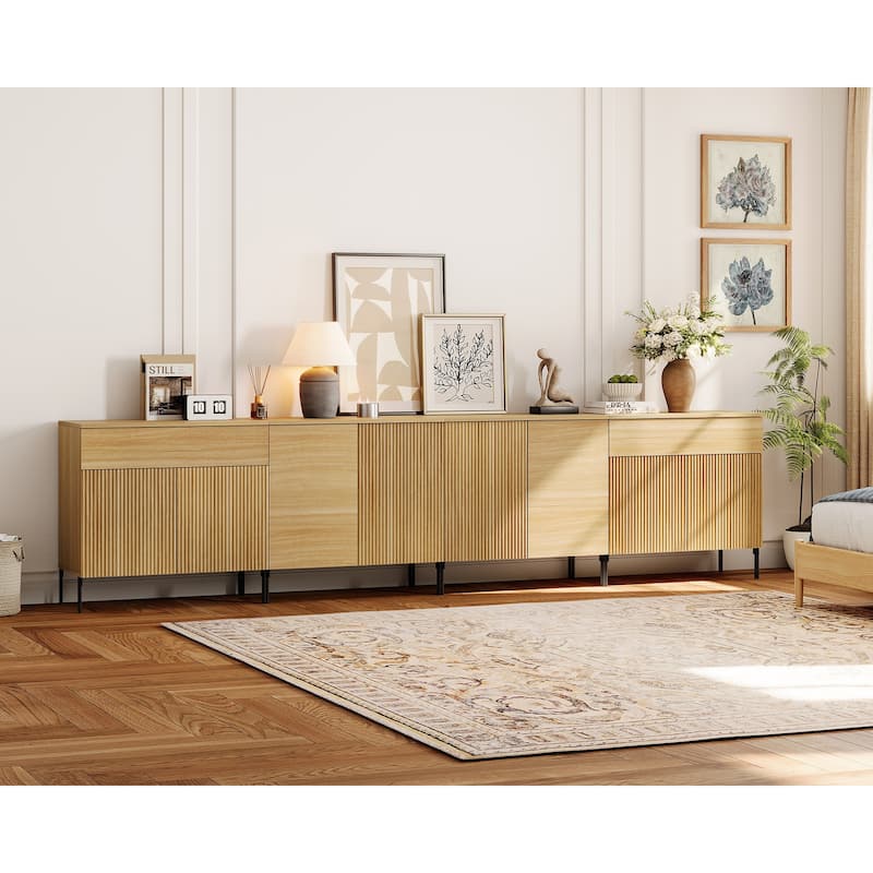 126" Modern Reeded Drawer Dresser Set With Doors, Minimalist Chest Of Drawers With Storage