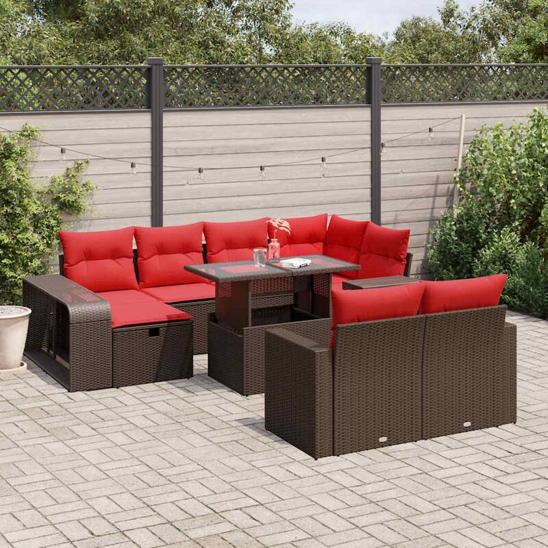 vidaXL Patio Sofa Set with Cushions Sectional Couches 11 Piece Poly Rattan - Brown  Glass