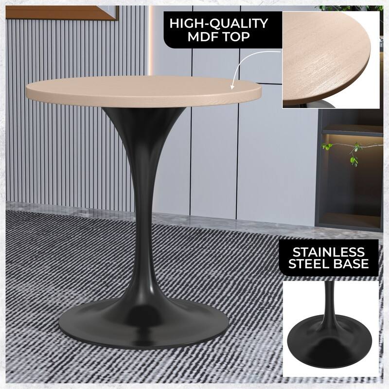 Verve 27" Modern Round MDF Solid Wood Top Accent Dining Table with Black Pedestal Steel Base for Home Kitchen and Living Room