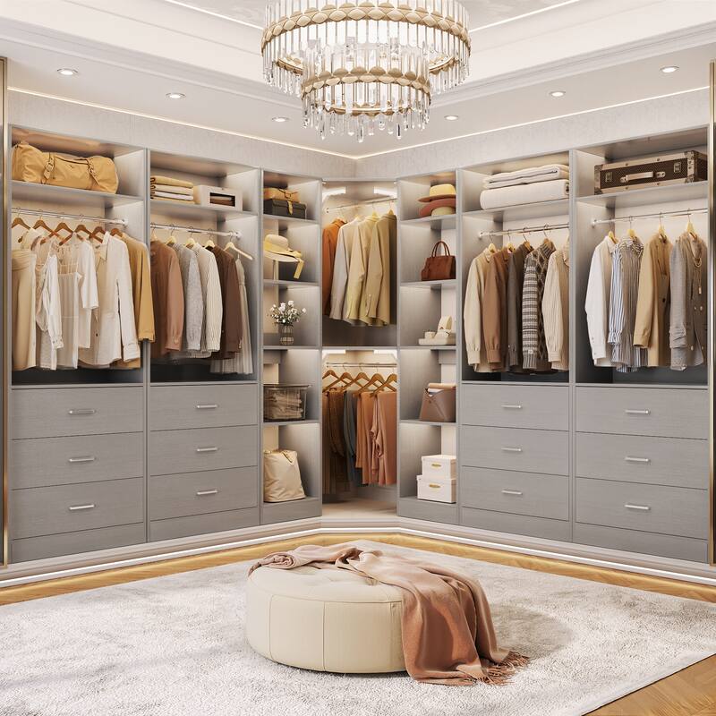 Corner Closet System with 6 Drawers & 4 Hanging Rods,Set of 3,Reversible Walk-in Closet Organizer System with Adjustable Shelves