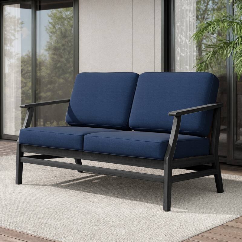 Teak Outdoor Patio Club Chairs Loveseat with Cushions - Black Wood - Loveseat/Navy