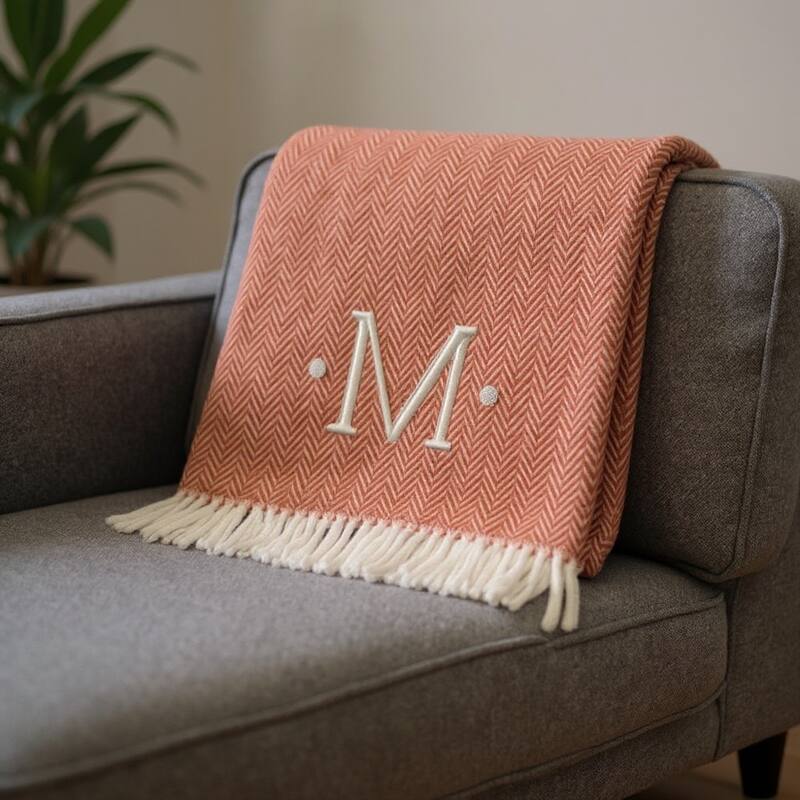 HomeRoots 55" X 70" Terra Cotta And White Herringbone Cotton Blend M Initial Throw Blanket with Tassels And Embroidery - Throw - Terra Cotta/White
