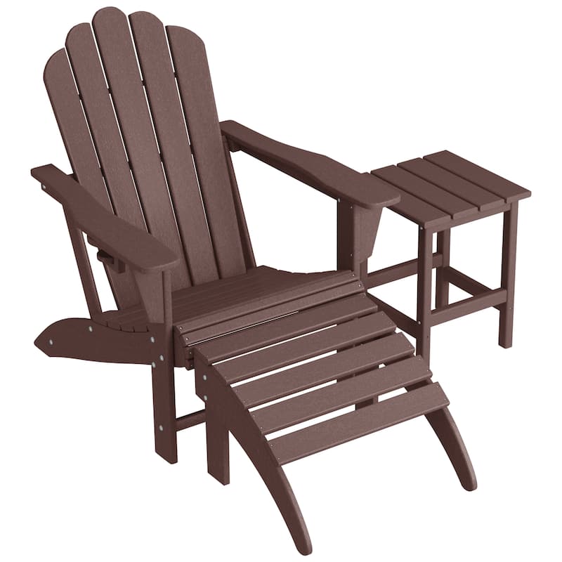 Aderson Outdoor Poly Adirondack Chair with Side Table and Ottoman - Dark Brown