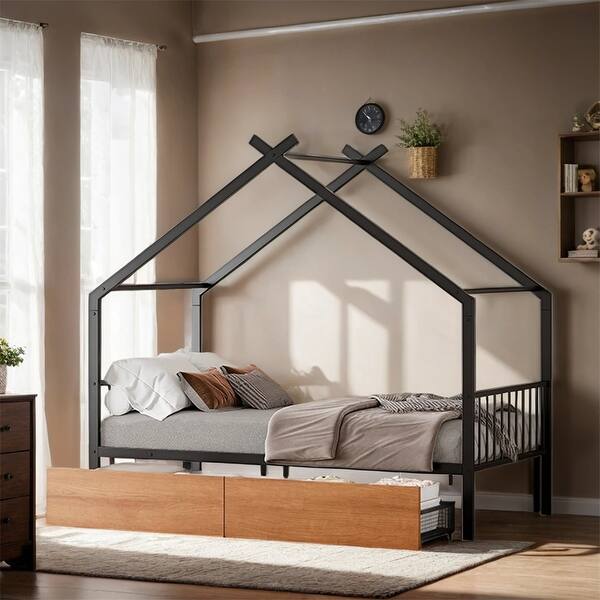 slide 2 of 19, Twin Size Metal House Bed with Two Drawers