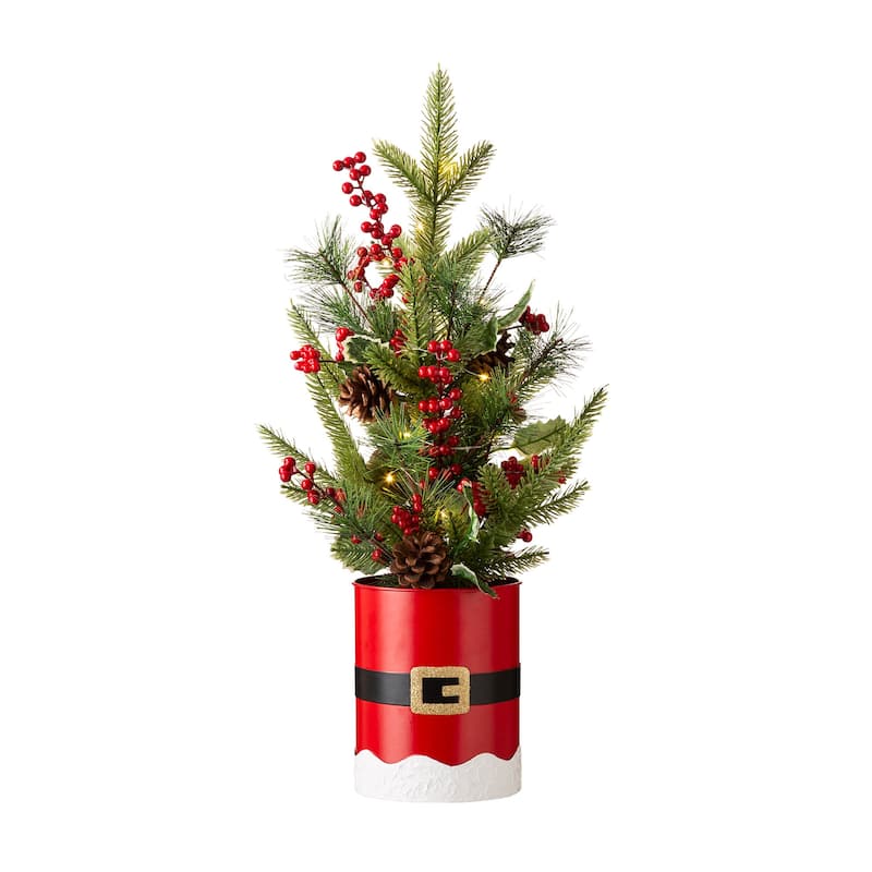 Glitzhome 22"H Lighted Santa Belt Potted Christmas Table Tree