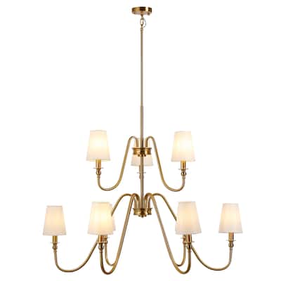 9-light 43" Wide Classic Candle Design Beige Fabric Shaded Chandelier with 2-Tier