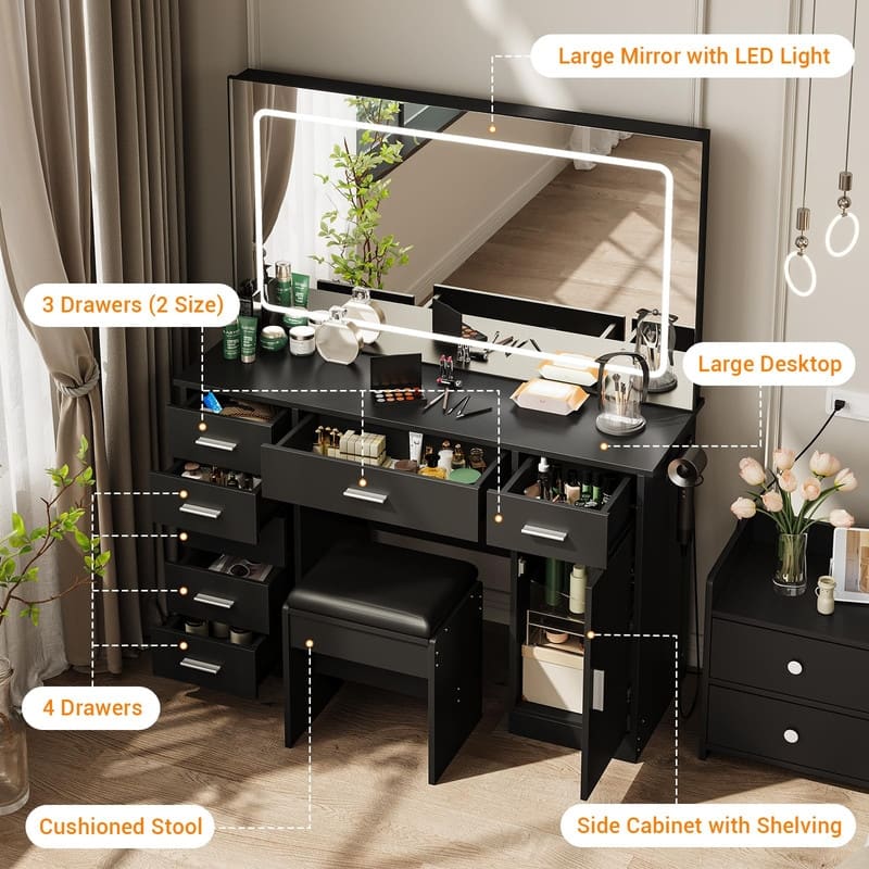 Makeup Vanity Table with Mirror, 7 Drawers, Charging Station, Holder, Stool