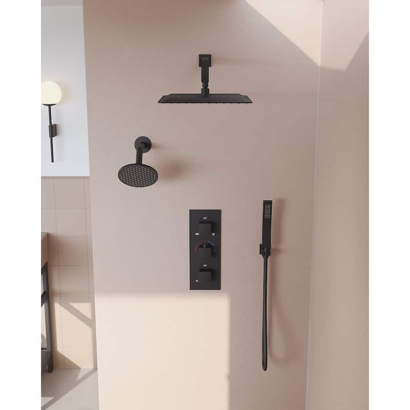 GRANDJOY Dual Shower Heads 12" Rainfall Thermostatic Shower System Faucet Set with Rough-in Valve - Matte Black