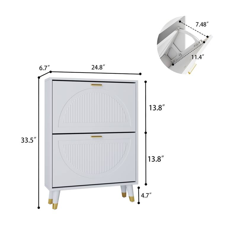 25''W Slim Shoe Cabinet, Fluted Hidden Shoe Storage Cabinet with 2 Flip Drawers, Wooden Shoe