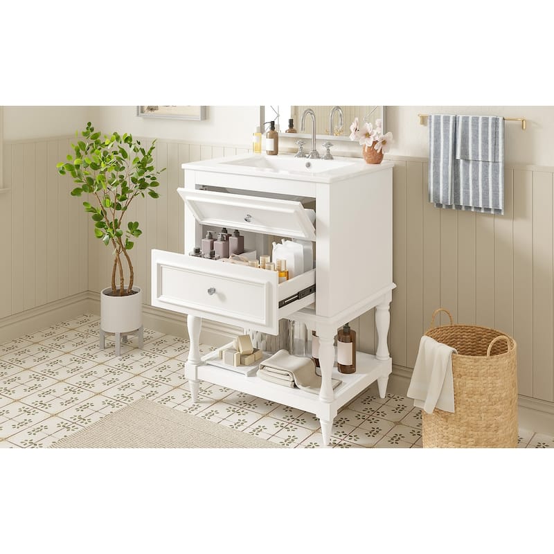 24" Bathroom Vanity with Ceramic Sink, Bathroom Storage Cabinet with Open Shelf, Retro Design Bathroom Cabinet with 2 Drawers