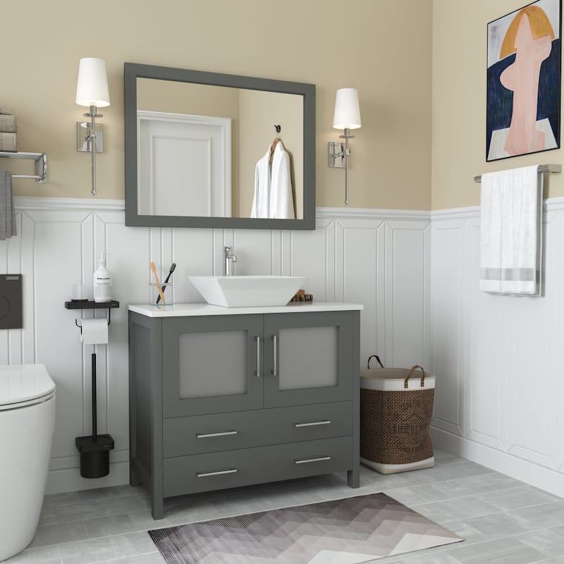 Vanity Art 36" Single Sink Bathroom Vanity Set with Engineered Marble Top Free Mirror - 36 x 18.5 x 36 Inches