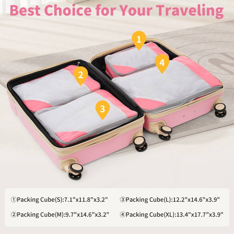 4 Piece ABS Expanable Spinner Wheels Lightweight Luggage Set w/TSA Lock and Compression Packing Cubes