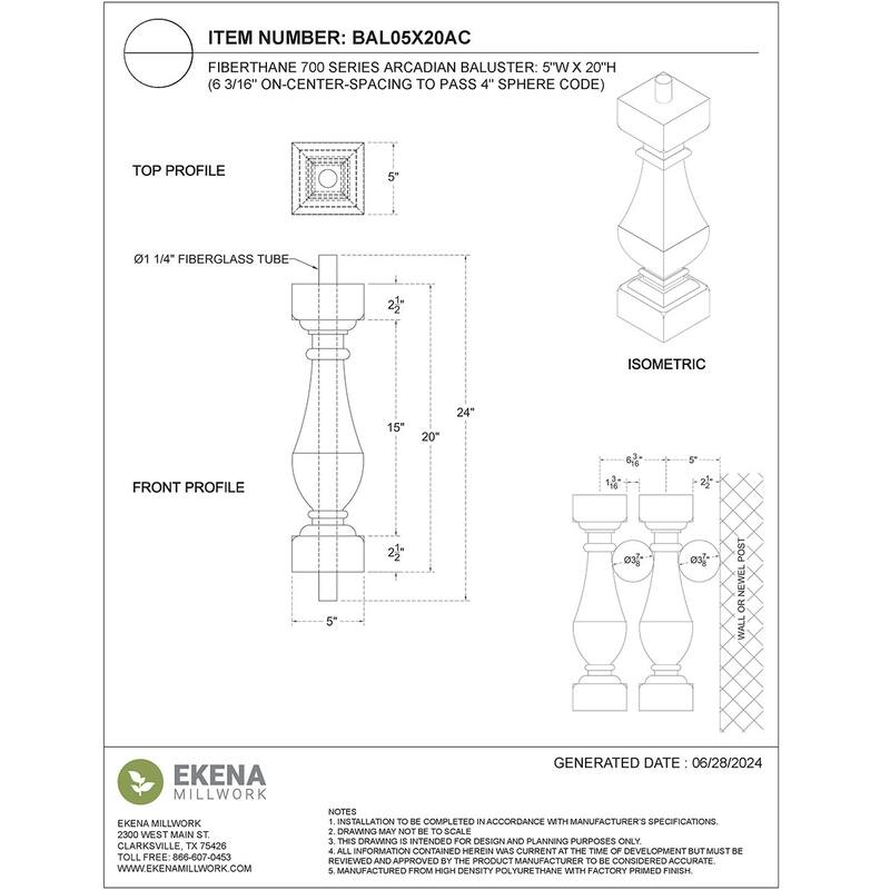 Fiberthane 700 Series Arcadian Baluster, Factory Primed