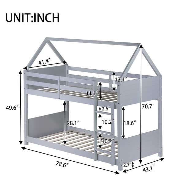 dimension image slide 1 of 3, Twin over Twin Floor Bunk Bed,Rubber Wood House Shaped Bunk Bedframe