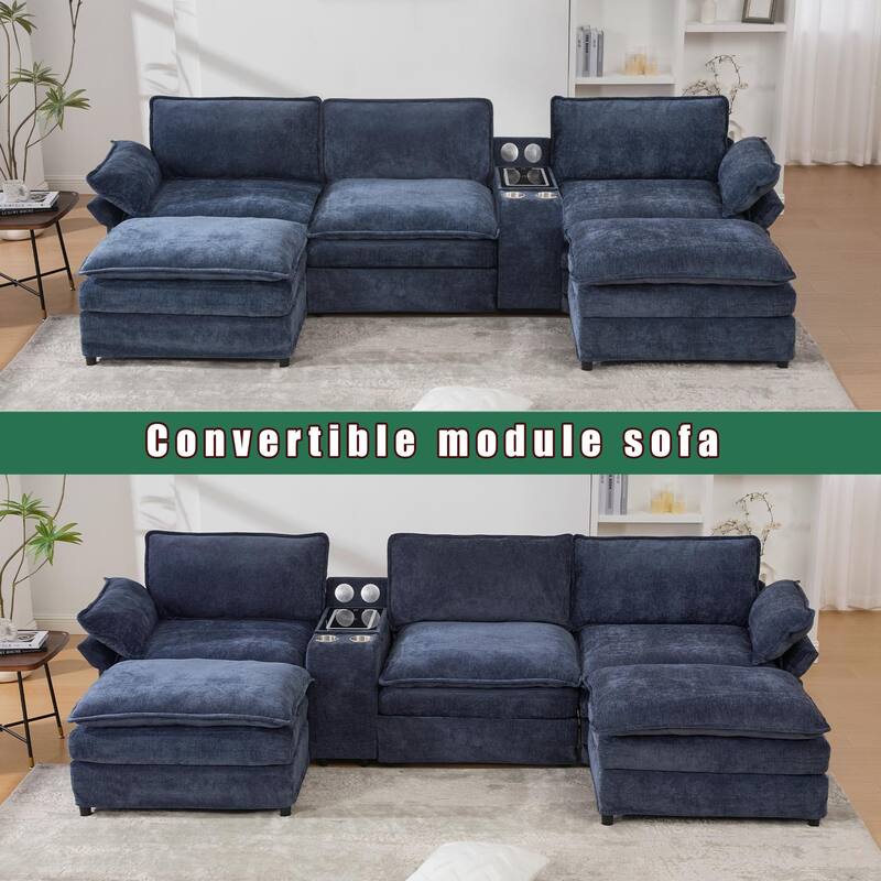 U-Shaped Chenille Modular Sofa with Bluetooth Speakers, Wireless Charging, Storage Console, 2 Cup Holders & Movable Ottoman