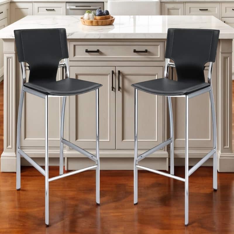 Set of 2 25 Inch Faux Leather Metal Counter Height Bar Chairs - 17” x 17” x 36” - Black-Silver