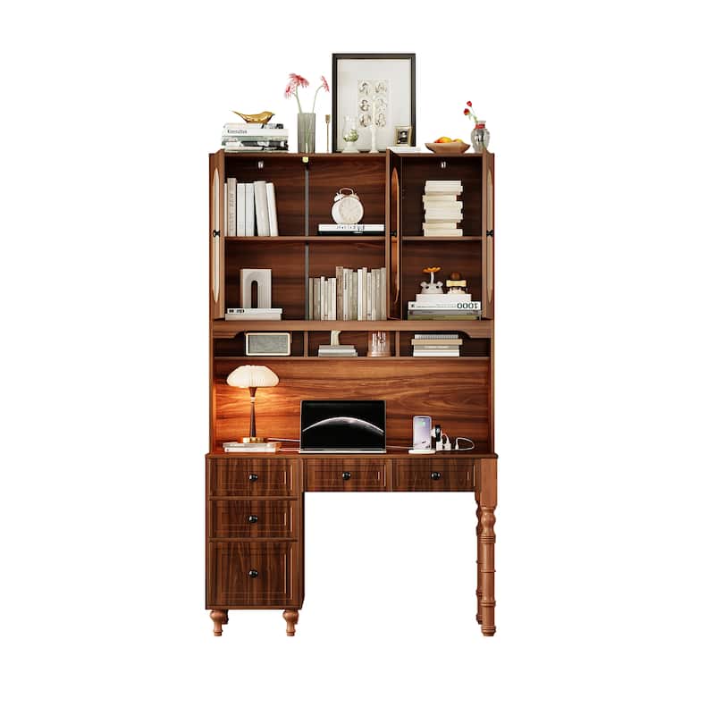 Computer Desk with Charging Ports & Hutch, Office Desk with 5 Drawers & Transparent Glass-Door, Home Executive Computer Desk