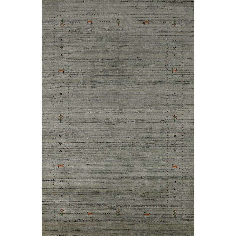 Striped Green Gabbeh Indian Area Rug Handmade Wool Carpet - 5'0" x 8'1"