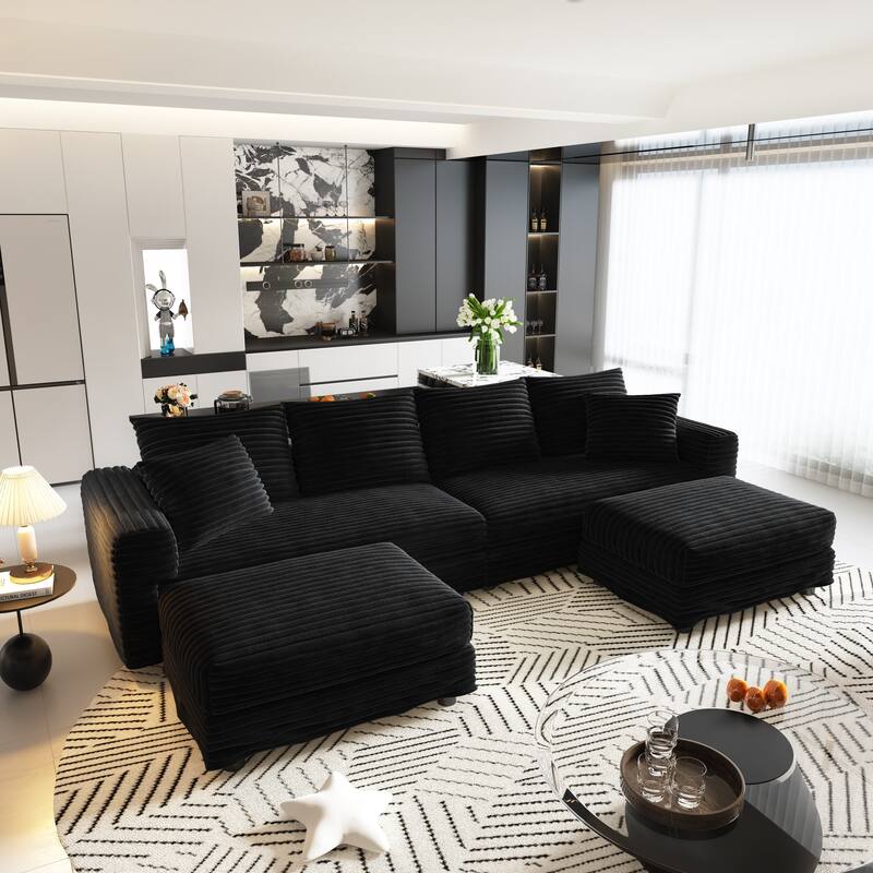 102.4" Corduroy Couch with Ottomans, 4 Seat Convertible Modular Sectional Sofa, Upholstered Couches with Pillows for Living Room - Black-2 Ottoman