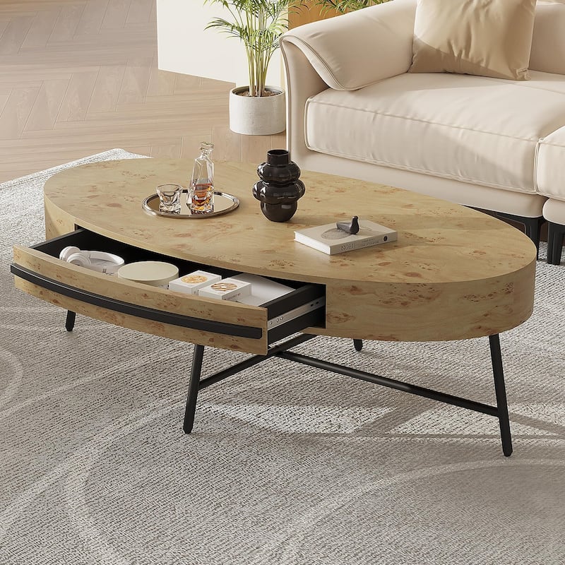 Oval Coffee Table with Drawer, 47.2" Mid-Century Modern Center Table, Wooden Coffee - Gold