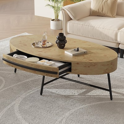 Oval Coffee Table with Drawer, 47.2" Mid-Century Modern Center Table, Wooden Coffee