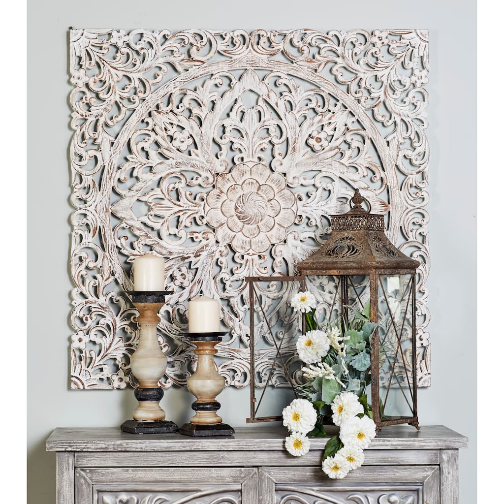 White Wood Handmade Intricately Carved Mandala Floral Home Wall Decor with Brown Distressing