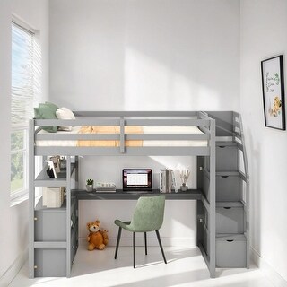 Full Size Loft Bed with Desk and Shelves, Pine Wooden Bed with Two ...