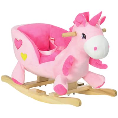 Qaba Baby Rocking Horse, Ride on Unicorn with 32 Songs, Toddler Rocker Toy with Wooden Base Seat Safety Belt for 1.5-3 Year Old