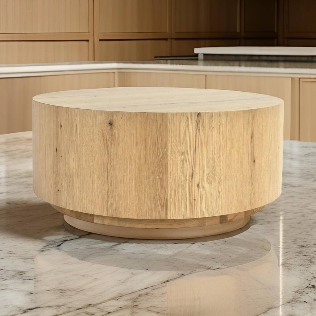 Cecil 42 Inch Coffee Table, Round Oak Veneer, Plinth Base, Light Brown