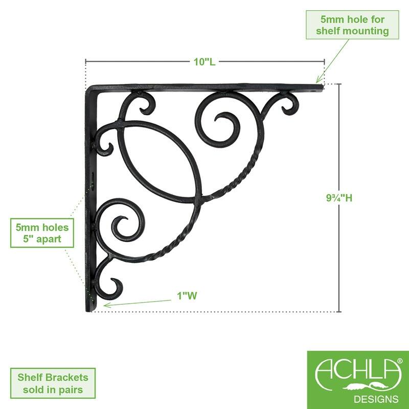 Achla Designs Scroll Shelf Bracket, 10 Inch Long, Set of 2, Black Powder Coat Finish