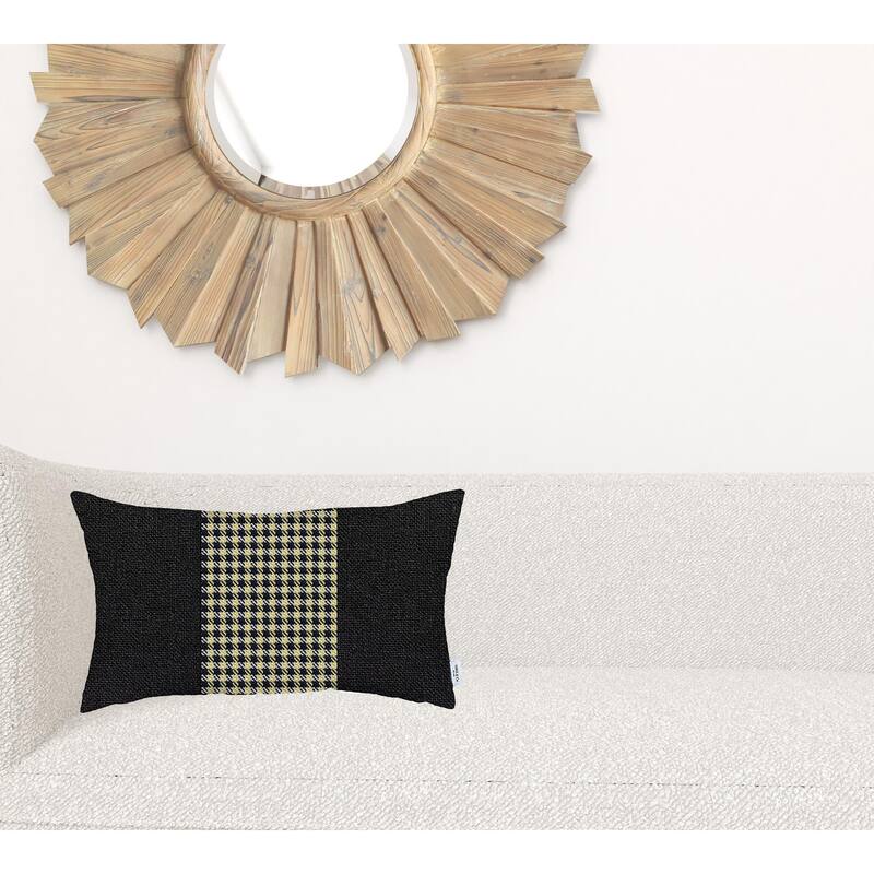 12" X 20" Black And Yellow Houndstooth Zippered Handmade Polyester Lumbar Pillow Cover
